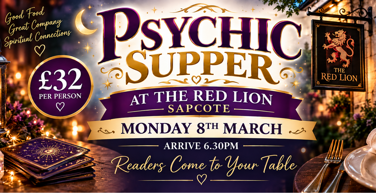 Promotional banner for a 'Psychic Supper' event at The Red Lion in Sapcote, Monday 8th March. The design features a mystical, cozy theme with a lit candle, an open book, a plate with a folded napkin reading 'Choice of Supper', and a sign for 'The Red Lion'.