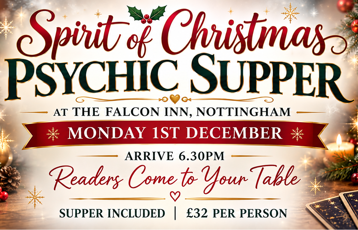 Promotional banner for the 'Spirit of Christmas Psychic Supper' at The Falcon Inn in Nottingham, featuring festive Christmas decorations, a lantern, tarot cards, and text detailing the event schedule and pricing.