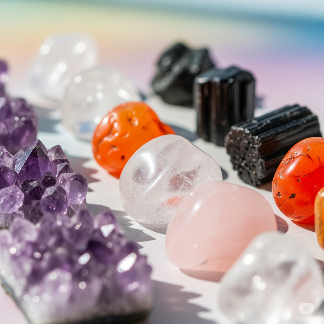 image featuring Amethyst, Carnelian, Clear Quartz, Rose Quartz, and Black Tourmaline