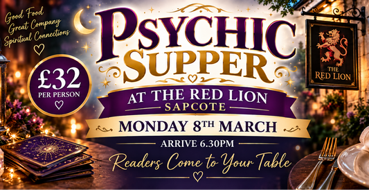 Promotional banner for a 'Psychic Supper' event at The Red Lion in Sapcote, Monday 8th March. The design features a mystical, cozy theme with a lit candle, an open book, a plate with a folded napkin reading 'Choice of Supper', and a sign for 'The Red Lion'.